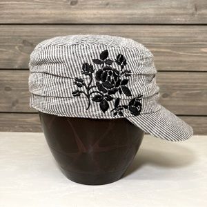 Black & Greige Striped Railroad Newsboy Cap Embroidered Black Floral Size S/M